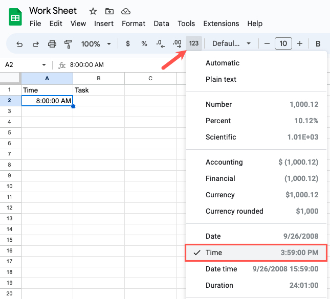 Time in the More Formats menu