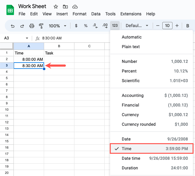 Second time entered in Google Sheets