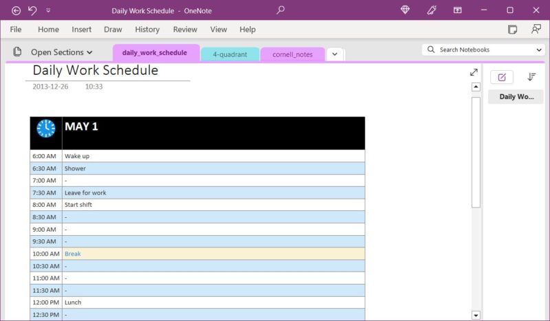 Daily Work Schedule template from Onenote Gem