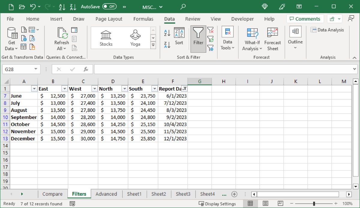 Date filter applied in Excel