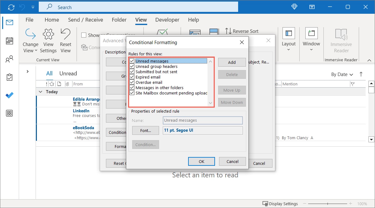 Default conditional formatting rules in Outlook