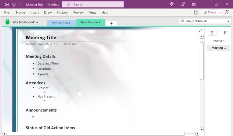 Detailed Meeting Notes template in OneNote