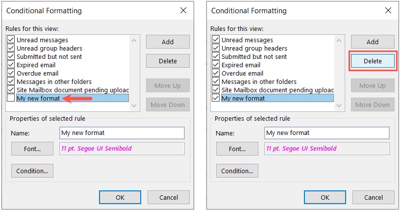 Disable or Delete conditional formatting in Outlook