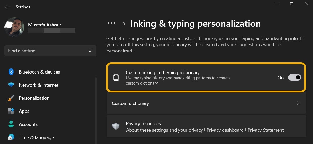 Disabling "Custom inking and typing dictionary" under "Inking & typing personalization" in Windows Settings. 