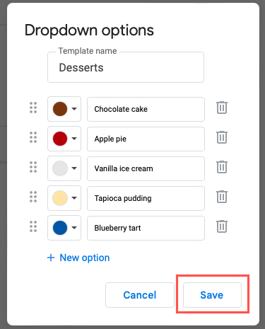 Dropdown Options Save button