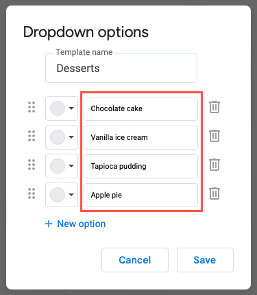 List items in the Dropdown Options 