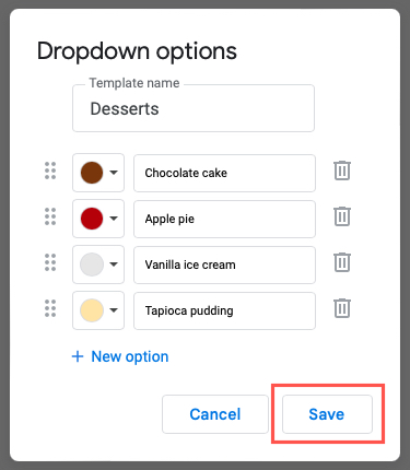 Dropdown Options Save button