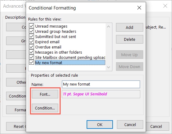 Edit the Font or Condition for conditional formatting in Outlook