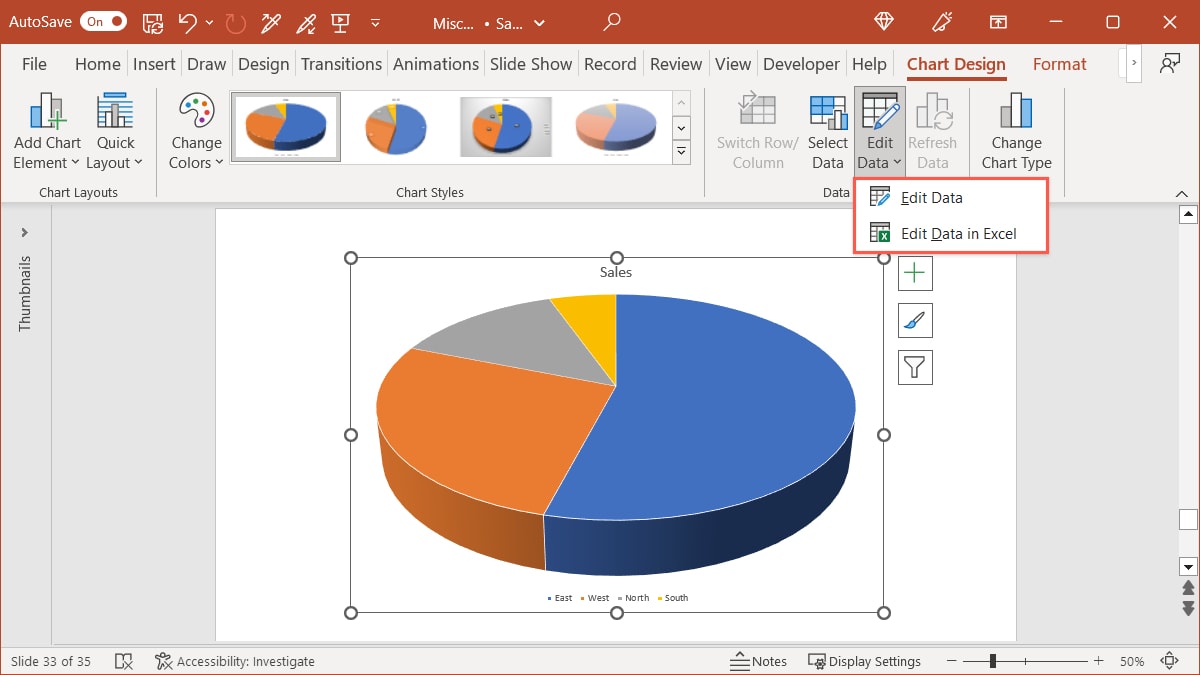 Edit Data options in the ribbon in PowerPoint
