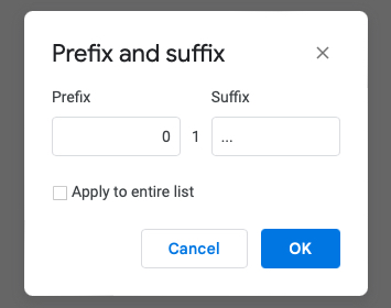 Edit Prefix and Suffix box