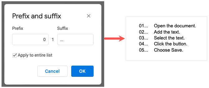 Edited Prefix and Suffix for a numbered list