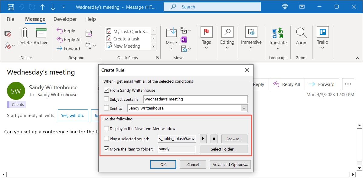 Actions for a new rule in Outlook