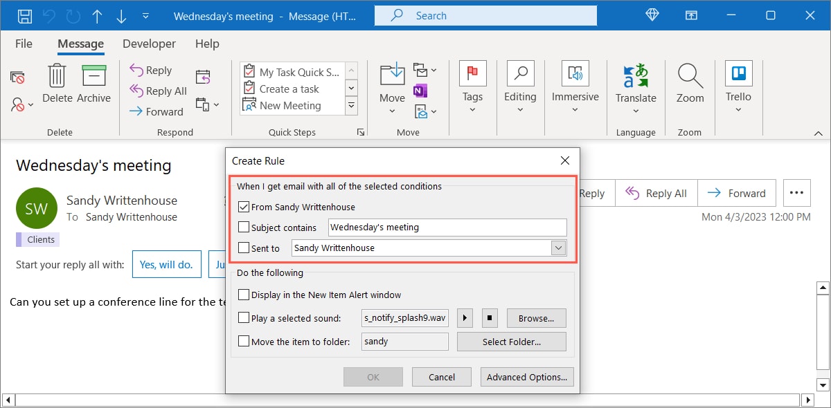 Conditions for a new rule in Outlook