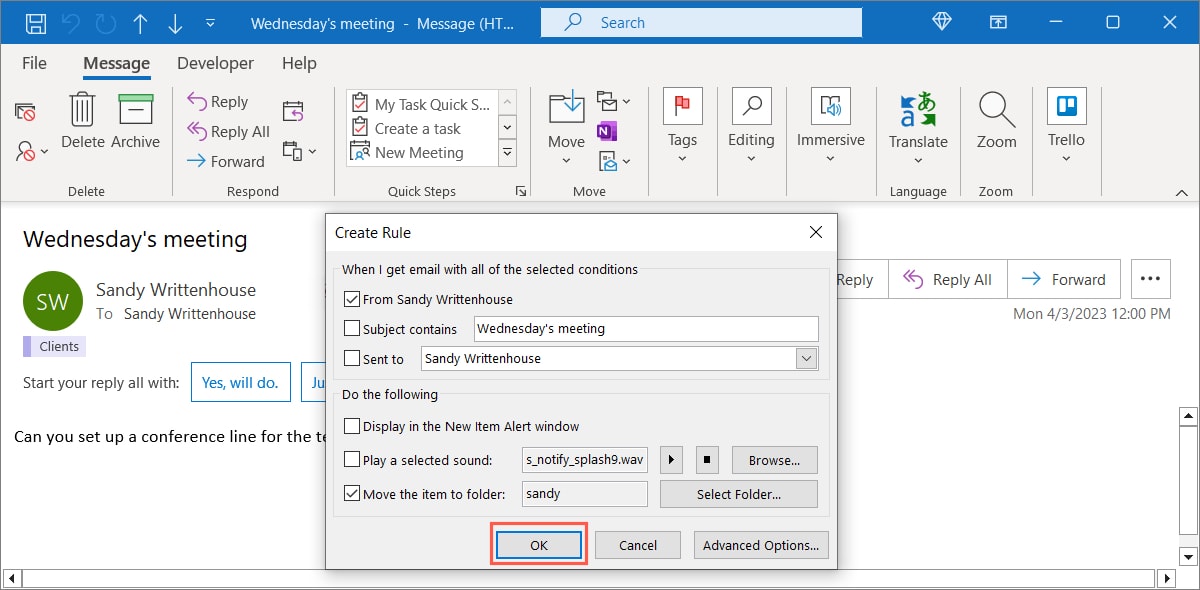 OK button to save a new rule in Outlook