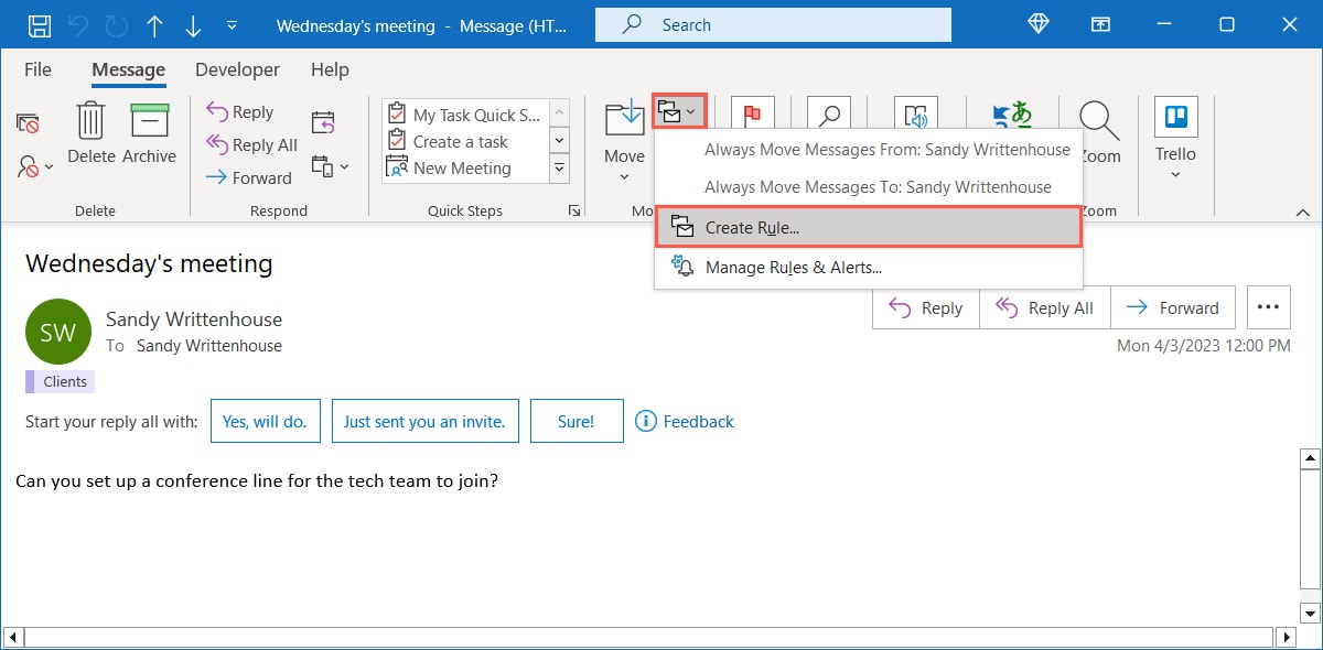 Create Rule in the Outlook Rules menu
