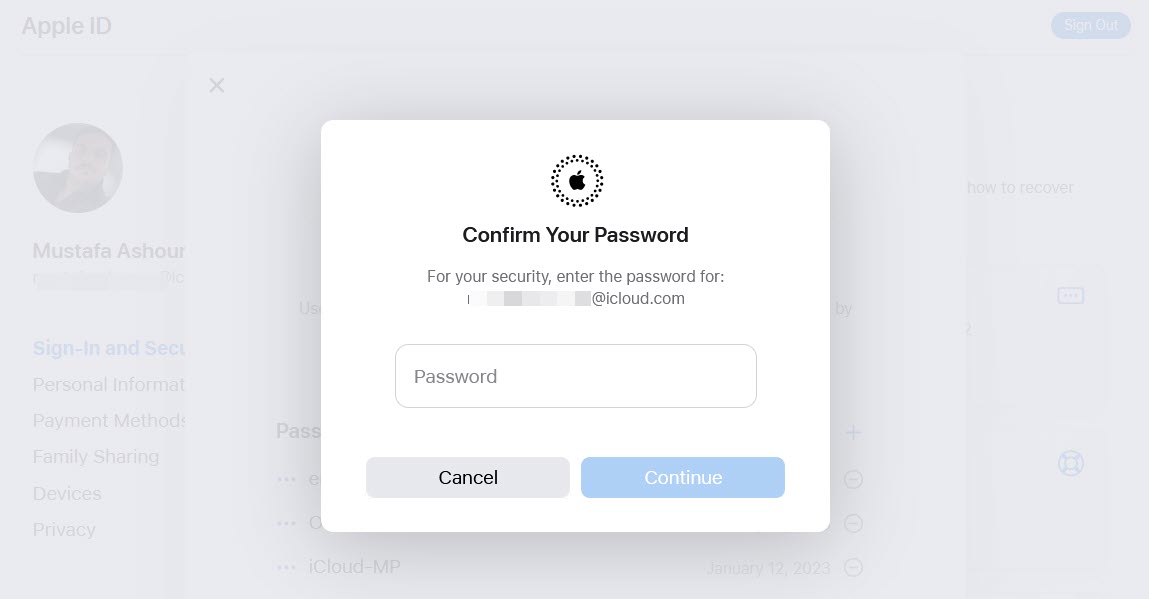 Confirming with Apple ID password. 