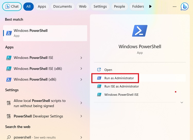 Open PowerShell in Administrator mode from Windows 11 search.