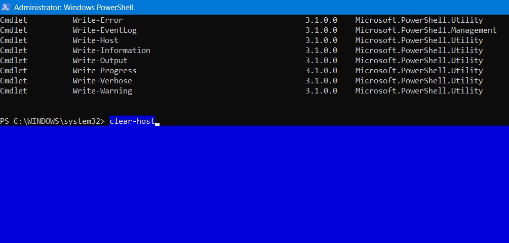 Clear host command to remove entire text in PowerShell window.