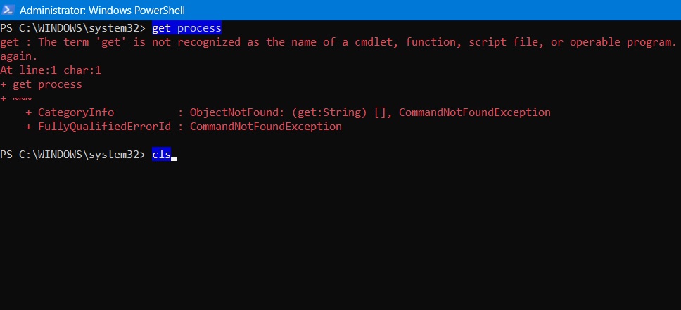 Entering cls command below error message to remove the entire text in PowerShell.