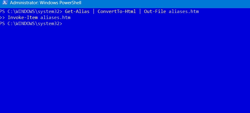 Convert-to-HTML command in PowerShell to display aliases in a web page.
