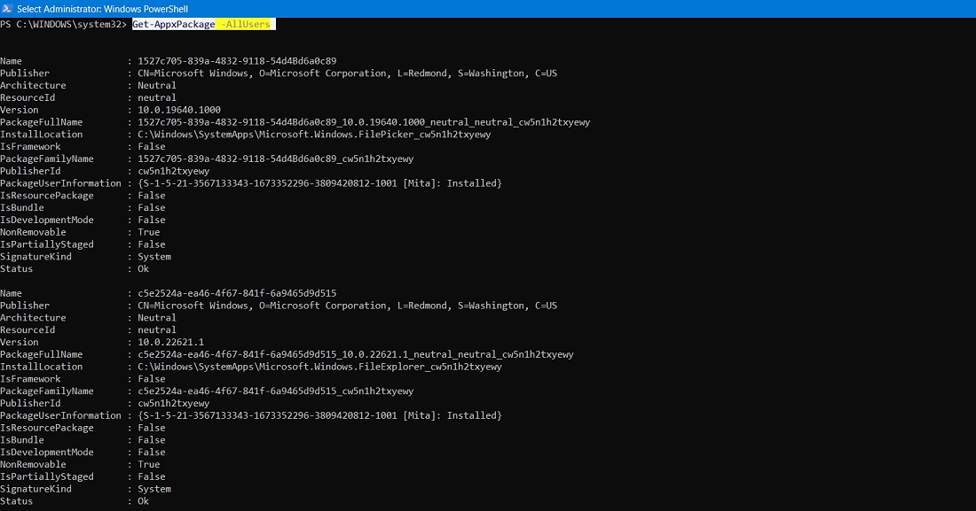 Get AppxPackage command to see the whole list of packages in PowerShell.