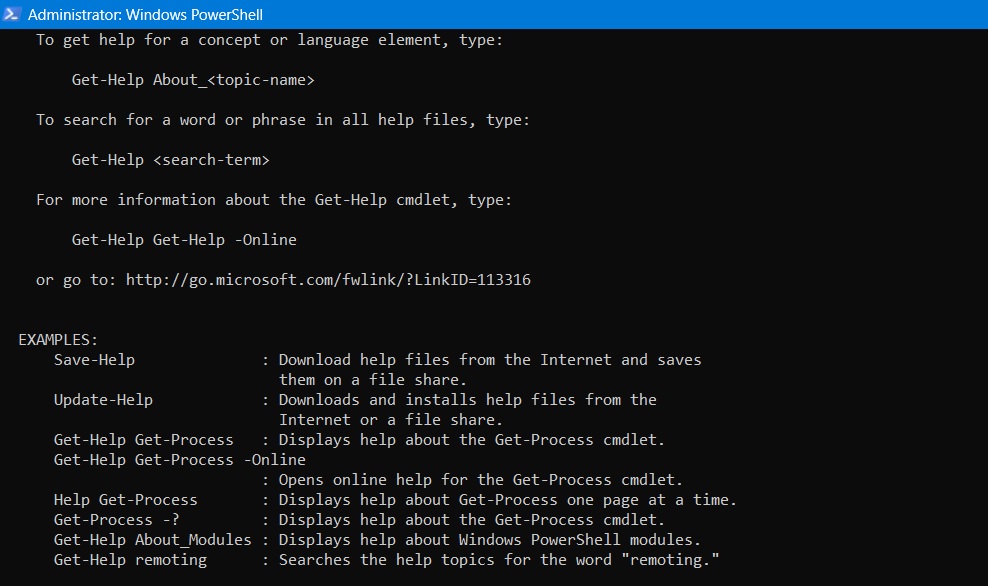 Various examples displayed in PowerShell window for get-help command.