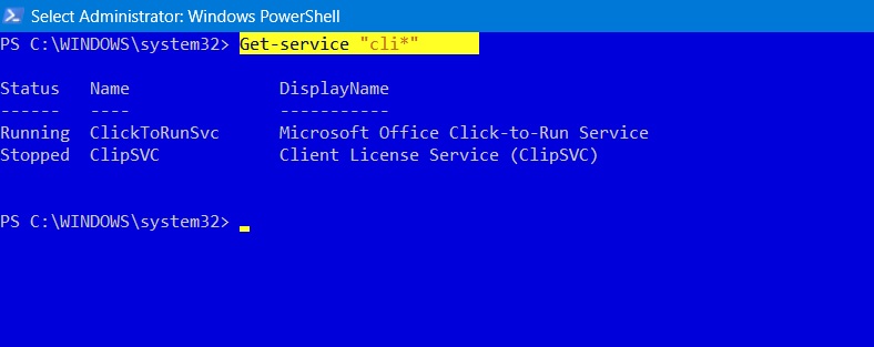 Get-service with initials typed in PowerShell window. 