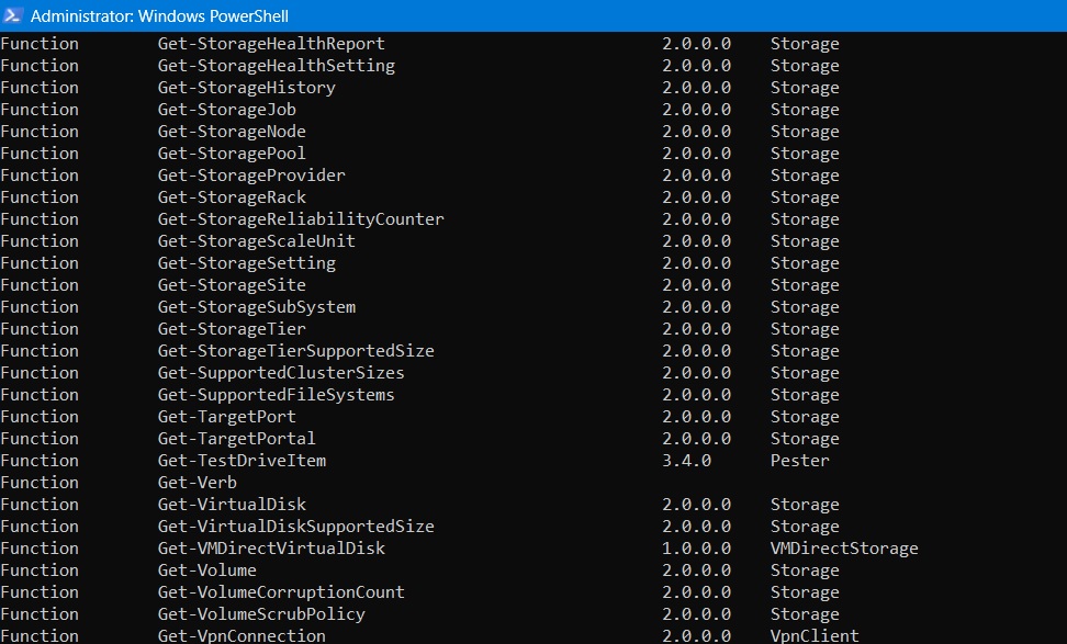 List of functions displayed under Get-command in Powershell.