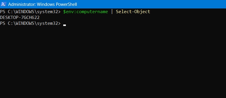 Getting computer name using Select-Object function and environment variable in PowerShell.