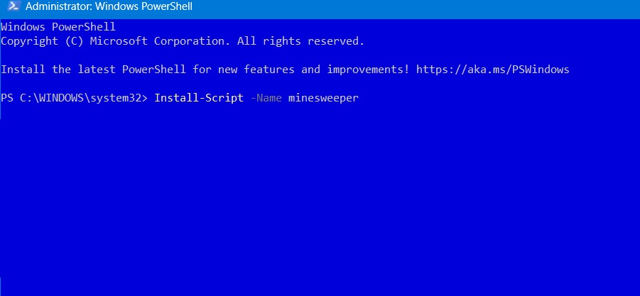 Installing Minesweeper game from PowerShell in Windows.