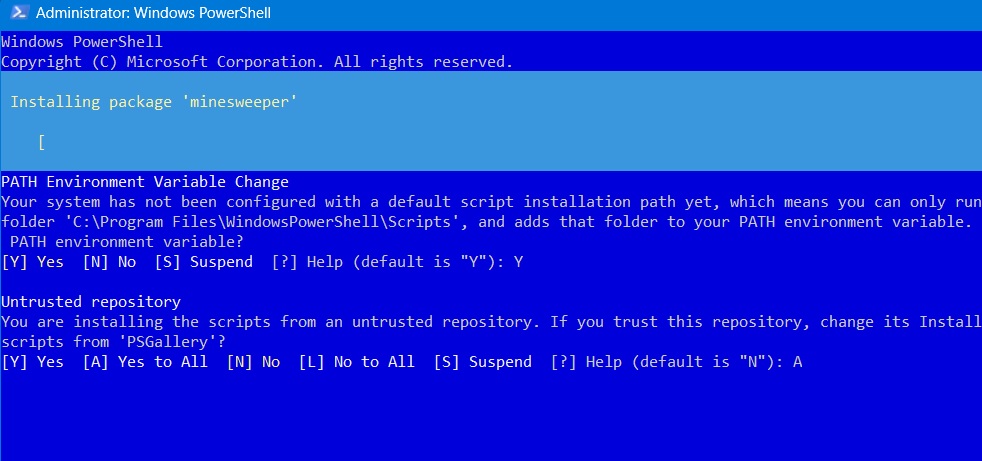 Minesweeper package installation in process.