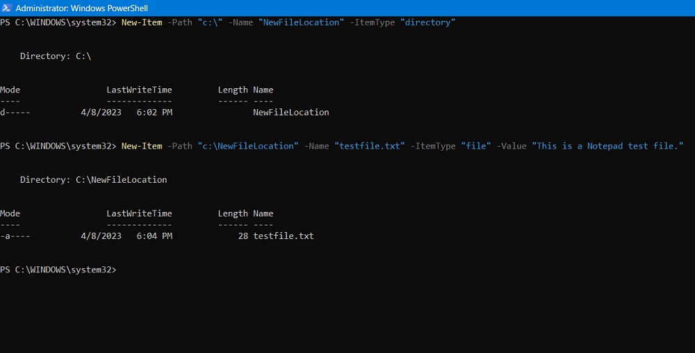 New-item command in use in PowerShell to create new folder and file with text.