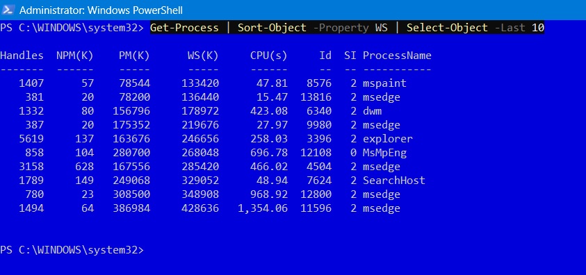 Select and sort objects based on the predefined Get-process in PowerShell.