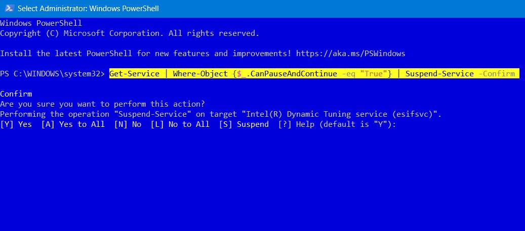 Suspend services which can be suspended in PowerShell window.