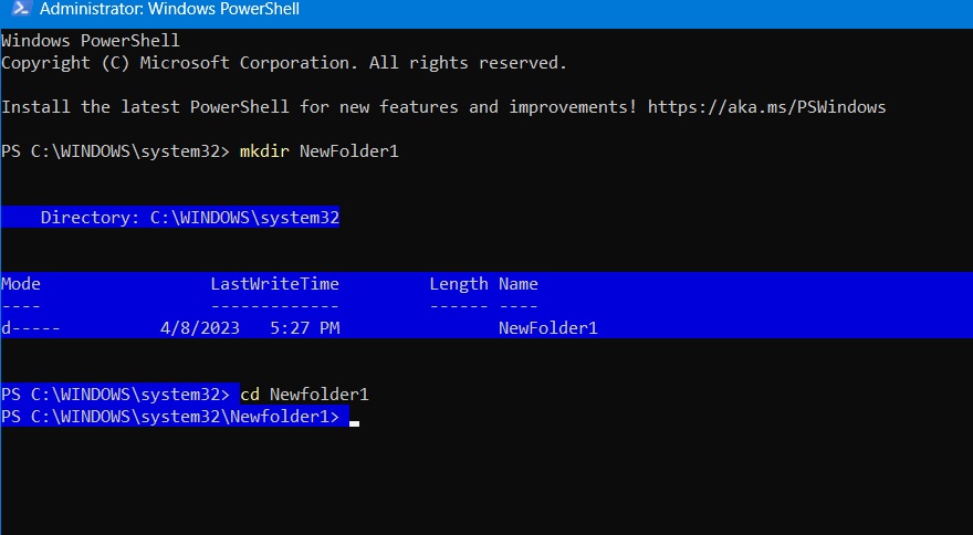 Creating new directory using mkdir command in PowerShell and pointing to that new directory using cd. 