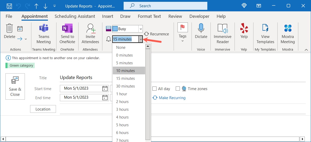 Event Reminder options in Outlook Calendar