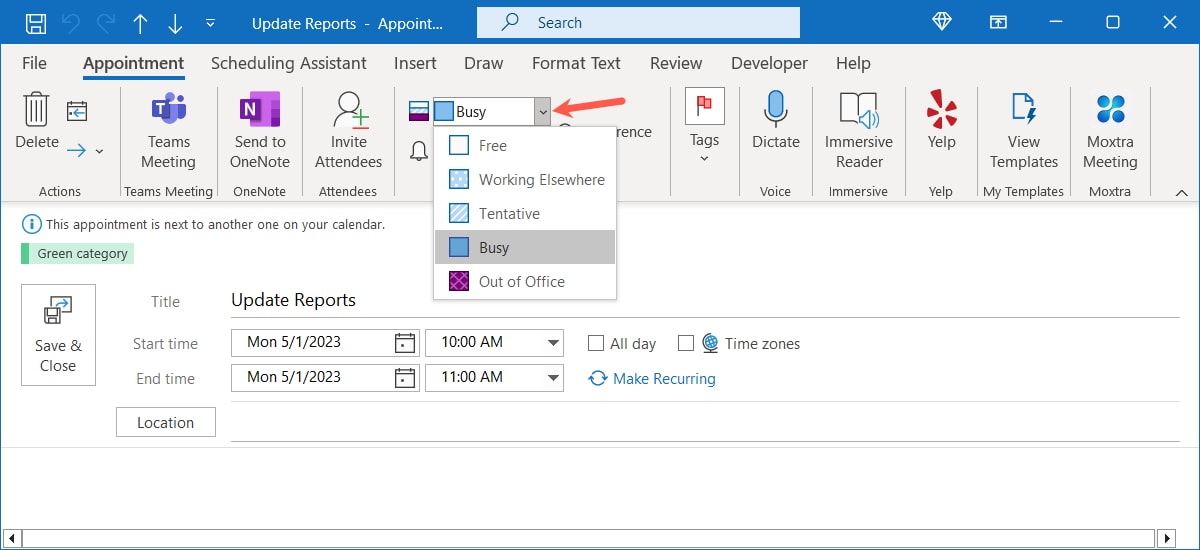 Event status options in Outlook Calendar