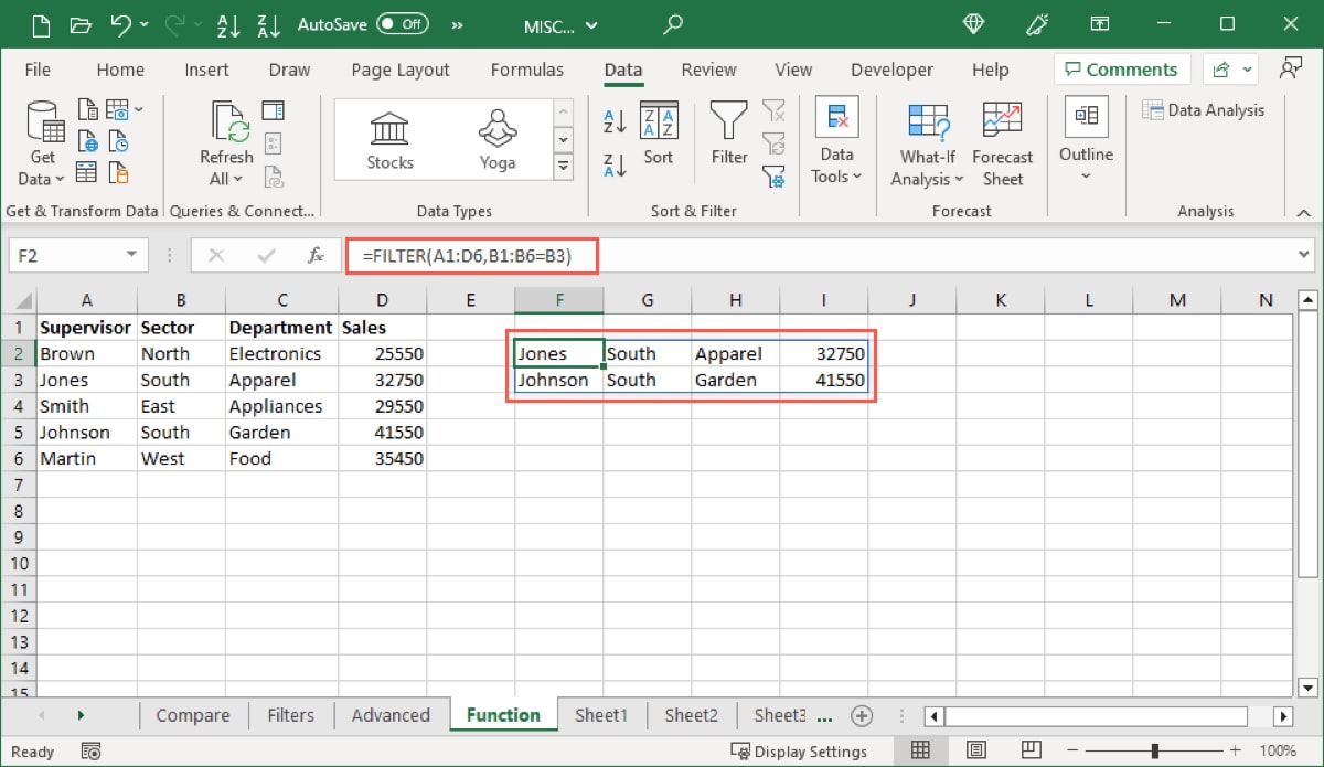 Filter function formula with a cell reference