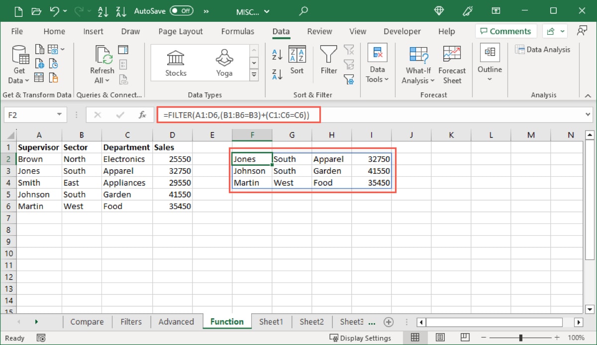 Filter function OR formula