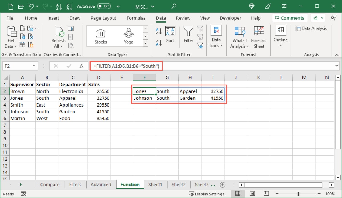 Filter function formula with text
