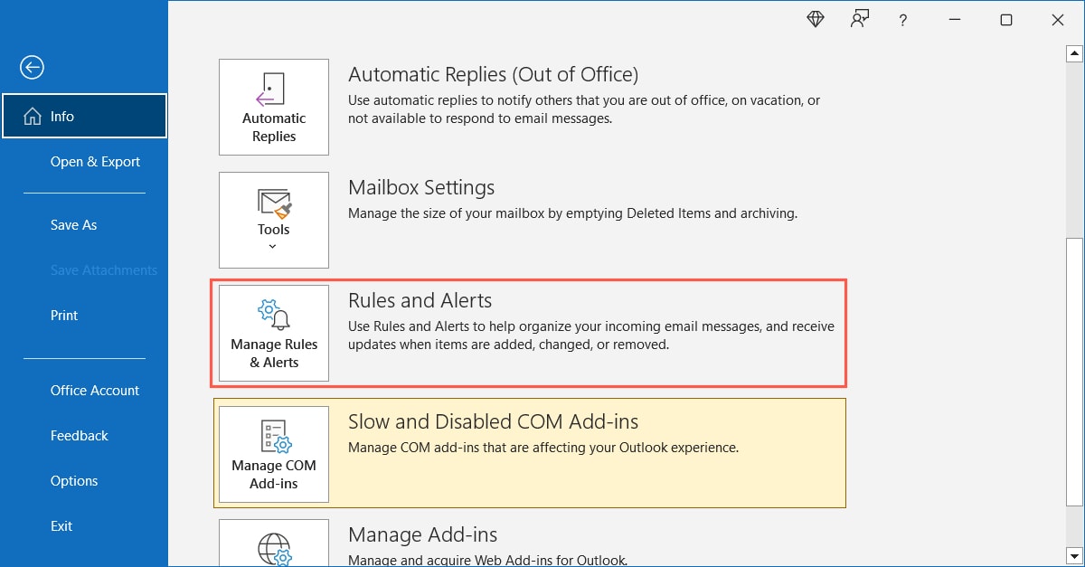 File, Info, Rules and Alerts in Outlook