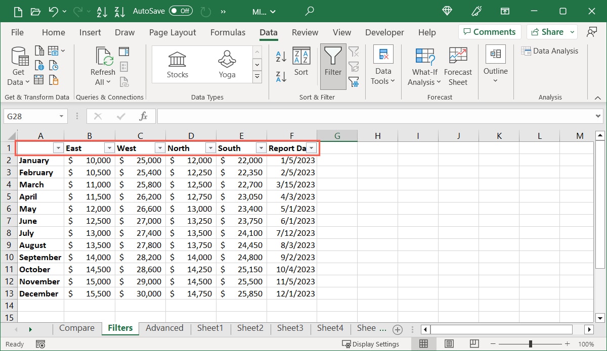 Filter buttons in Excel