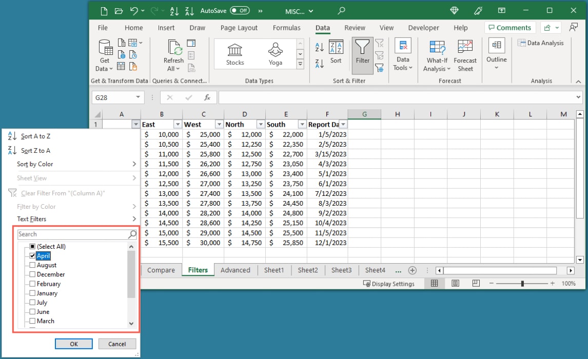 Filter Search field and checkboxes in Excel