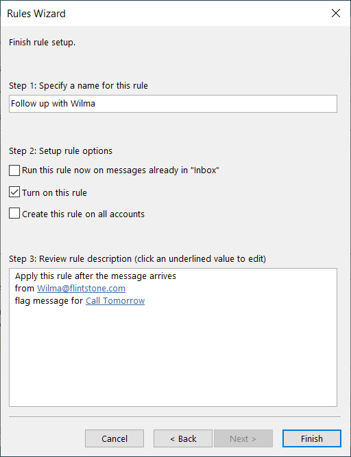 Flag Messages rule name and finish screen