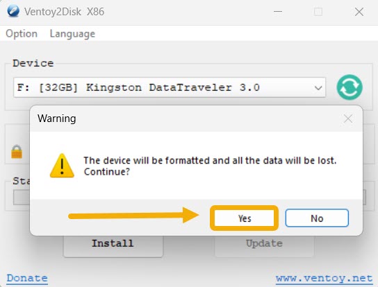 Warning window alerting you that Ventoy will format USB data.