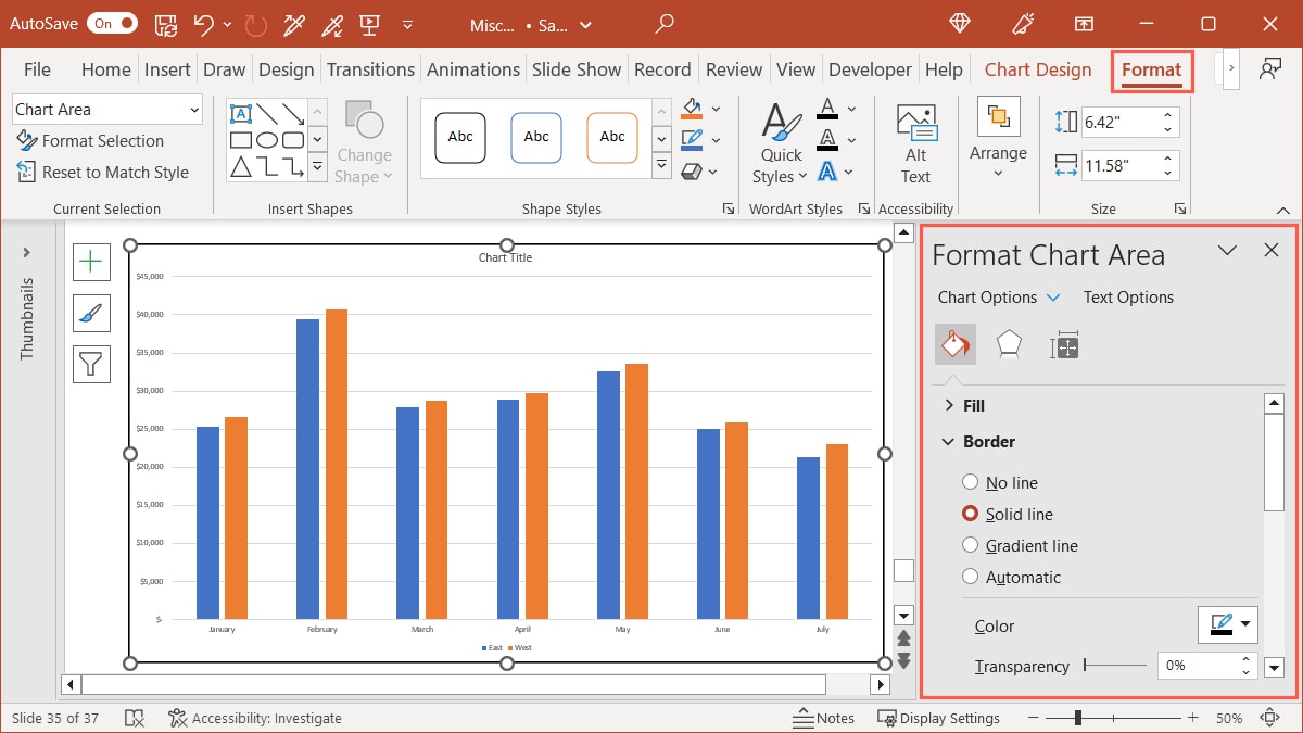 Format tab and Format Chart sidebar in Powerpoint