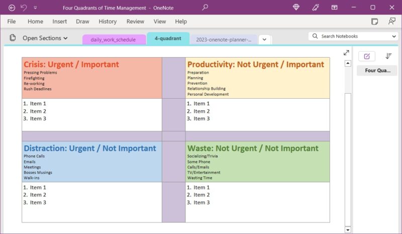 Four Quadrants template from OneNote Gem