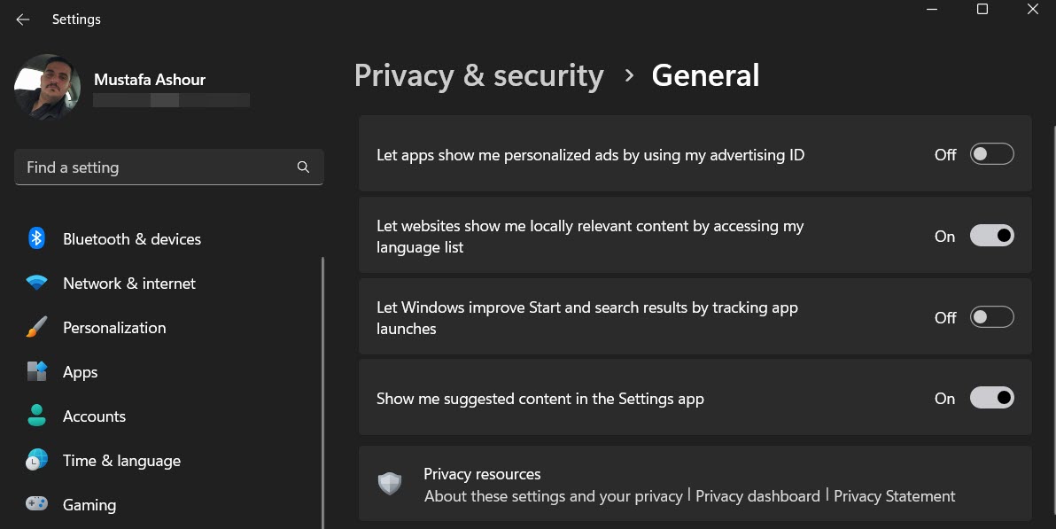 General privacy options view in Windows Settings. 