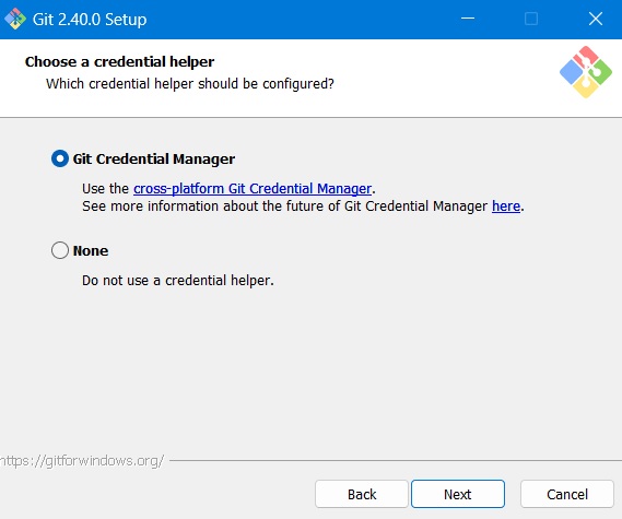 Choose Git Credential Manager as default credential helper to be configured.