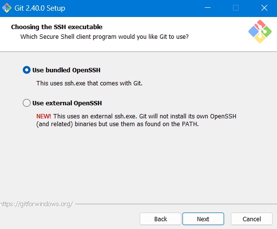 Choosing bundled OpenSSH as SSH executable for Git to use.